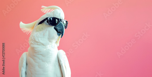 A white cockatoo with a charming personality dons a pair of sleek black sunglasses, striking a pose against a soft pink background