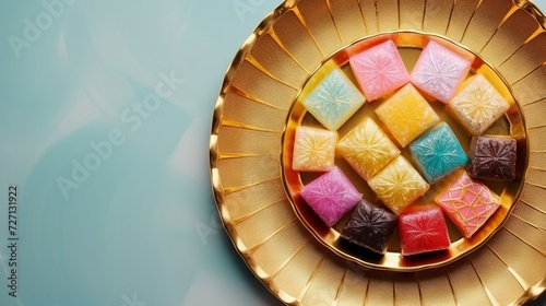  A Gold made plate with rainbow colorful Arabic sweets on Texture background