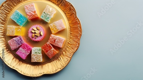 A gold plate of sweets with nuts on it