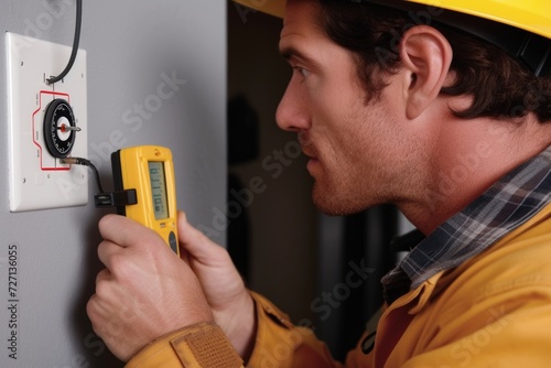Worker checking electrical outlet with multimeter for safety and functionality, electrical inspection photo