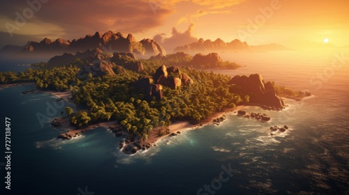 A stunning drone's view of islands with palm trees bathed in the warm, golden light of the setting sun, painting a picturesque and peaceful seascape Generative AI