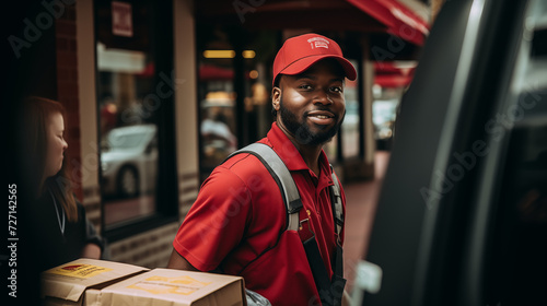 A snapshot of efficient food delivery unfolds as a delivery man in uniform carries two boxes of fast food for one of his clients. 