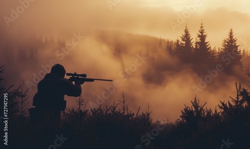 Hunter in holding rifle and shooting at evening forest.