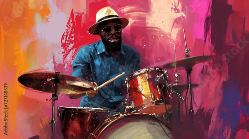 Afro-American male jazz drummer musician playing a drum kit in an abstract vintage distressed style painting for a poster or flyer, stock illustration image