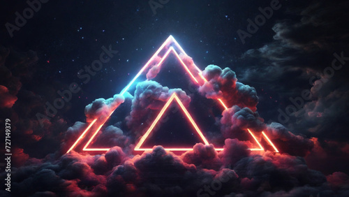 3d render, abstract clouds illuminated with neon light triangle on dark night sky. Glowing geometric shape