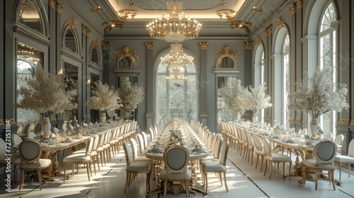 The dining room is in an elegant style and is embellished with oriental elements. Generative AI.