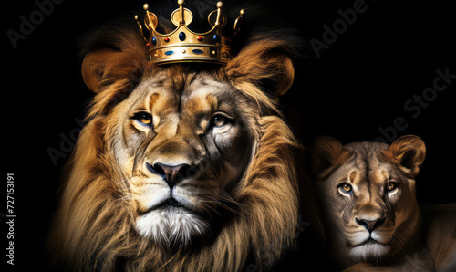 Majestic lion with a royal crown, symbolizing power and nobility, isolated on a black background with a regal and intense gaze