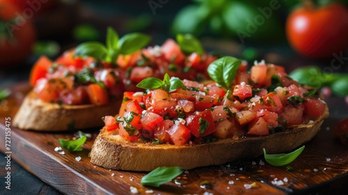 Bruschetta tasty savory tomato Italian appetizers on a wooden board