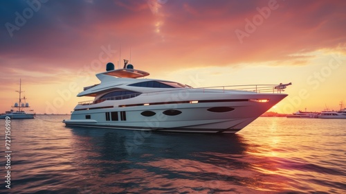 Realistic photo of an upscale yacht in the evening light, affluent vacationers basking in the sunset glow, elegant decor, and luxurious surroundings --ar 16:9 --style raw Generative AI