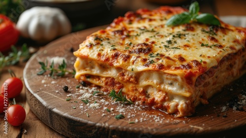 Italian lasagna product photography with natural light. Ai generated