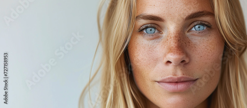 pretty middle-aged Norwegian woman with straight blond hair, blue eyes and lots of freckles on her face