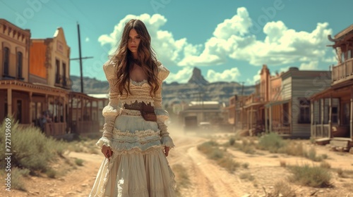 Beautiful woman wearing traditional dress in a western cowboy town, Woman of the wild west. Generative AI.