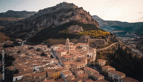 Aerial view of a beautiful Italian mountain town Centuripe, Sicily, Italy, Europe minimalist background, Ai generated image