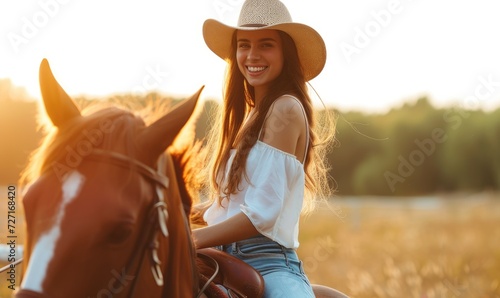 Cowboy woman on riding on horse. Beautiful cowgirl posing on prairie in sunset light.