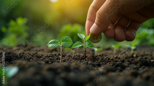 A tender hand gently nestles coins into the soil, a poignant portrayal of investing in growth, sowing seeds for future opportunities to flourish.