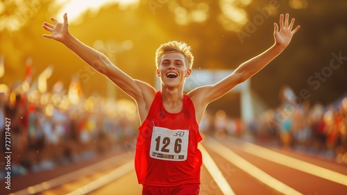 triumphant young male athlete celebrating a victory on a running field.