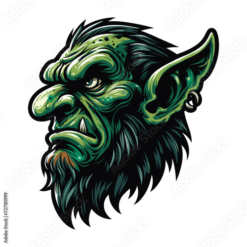 Goblin orc head face vector character illustration, mythical fantasy horror monster design template isolated on white background