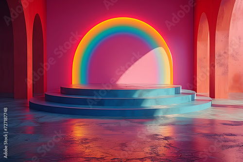 Podium background rainbow 3d visualization of the product. podium stage minimal abstract background beauty dreamy space studio pedestal 