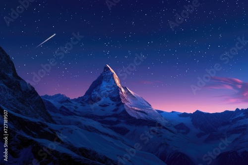 panoramic view to the majestic Matterhorn mountain at night with shooting star