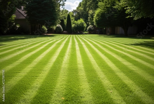The texture of a freshly mowed lawn, adorned with neat and precise stripes, evokes a sense of meticulous care.