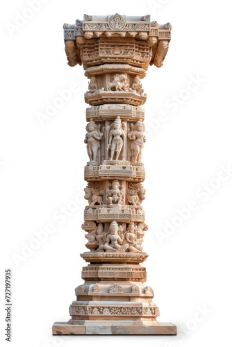 Indian Vedic pillar with intricate carvings of deities, column of marble of a indian temple, isolated on white background 