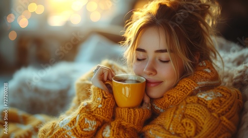 Young woman drinking tea in an autumn morning. Pretty woman with sweater at home enjoying hot coffee under blanket with closed eyes. Pretty woman drinking hot coffee at home with closed eyes.