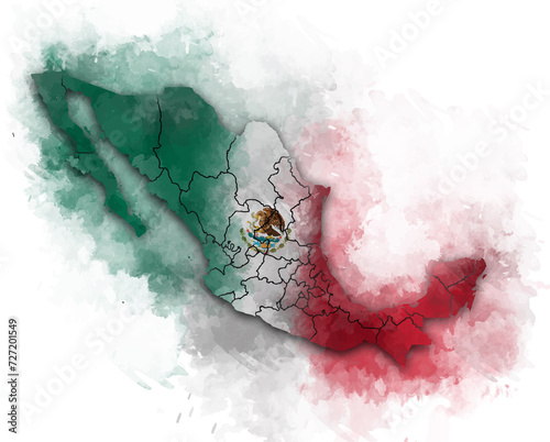 MEXICO MAP WATERCOLOR STYLE WITH FLAG