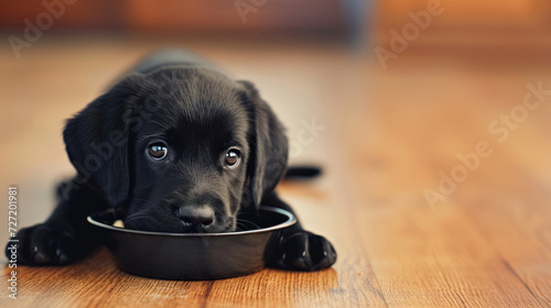 Close up cute puppy eating from a bowl against blurred kitchen background, looking at camera with copyspace for text