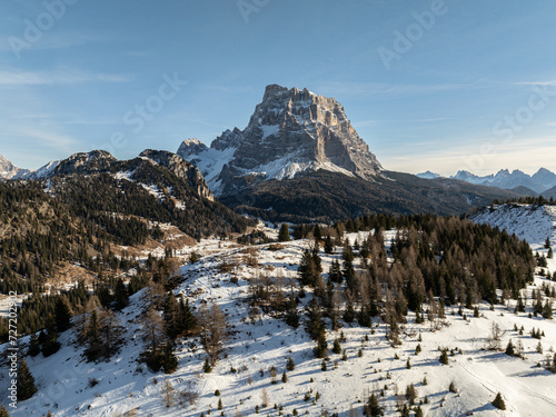 Civetta resort. Panoramic view of the Dolomites mountains in winter, Italy. Ski resort in Dolomites, Italy. Aerial drone view of ski slopes and mountains in dolomites.