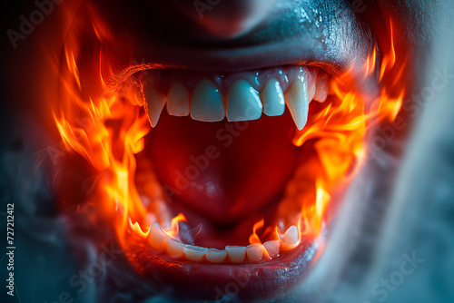 Words forged from flames and fury emerges from the mouth, shouting out the emotions of anger, envy, and bitterness.