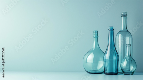 Minimalistic decorative glass bottles background concept with empty space. 