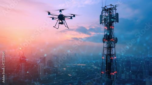 UAV drone flying near 5G cellular antenna during dramatic sunset, communication network. Telecommunication, smart city, Internet of Things