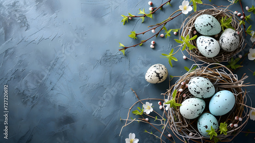 Three Birds Nests With Eggs and Flowers on a Blue Background