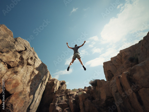 A brave individual symbolically jumping into the unknown, demonstrating trust and courage.