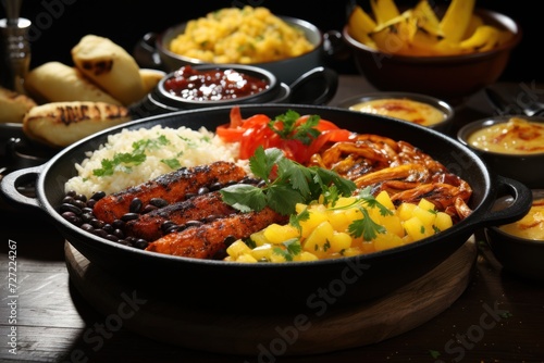 Sizzling sausages and sides in a cast-iron skillet on a wooden table