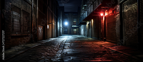 Dark alleyways illuminated by the orange glow of lights, raindrops bouncing off the ground.AI Generative