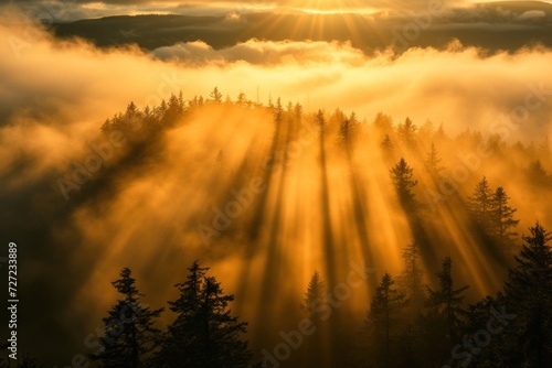 Golden Sunlight Through the Trees, A Forest of Evergreen Trees at Dusk, The Sun's Rays Shining Through the Foggy Mountains, Majestic Pine Trees Bathed in Warm Light.