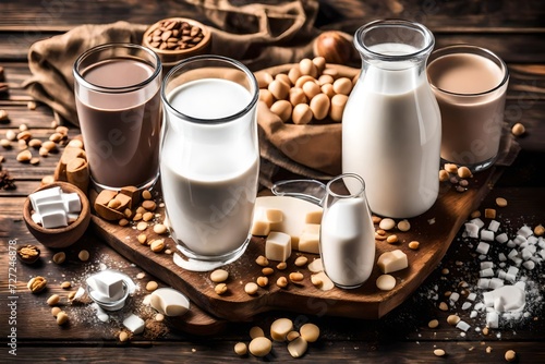 Cashew nut vegan milk non dairy in a glass lar with cashew nuts on wooden background