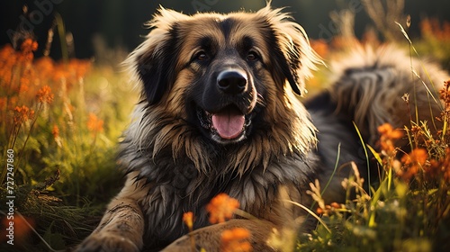 a Leoberger dog lies in the wildflowers and joyfully looks into the lens with his tongue hanging out, concept: dog breeds, dog on a walk, pets