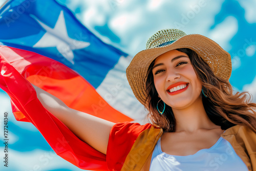 portrait latin woman smiling holding a flag of chile against beautiful sky