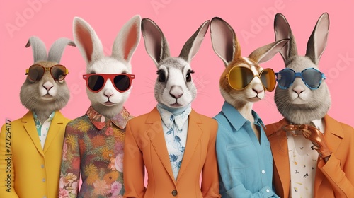 A lively gathering of rabbits dressed smartly in suits and sporting sunglasses.