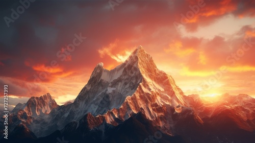 The tranquility of a mountain sunrise, casting warm hues over jagged peaks and creating a stunning vista. Generative AI