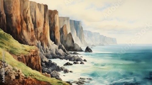 Towering cliffs overlooking the ocean. aquarelle Generative AI