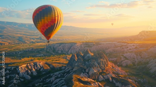 Turkish mountain range bathed in the soft light of the setting sun, a colorful hot air balloon drifting peacefully, enhancing the tranquil beauty of the scenery Generative AI