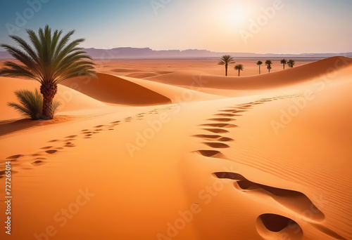 Traces of a caravan and a person on the sand in the hot Sahara, an oasis with palm trees and a lake in the background, hot and hot Sahara desert,