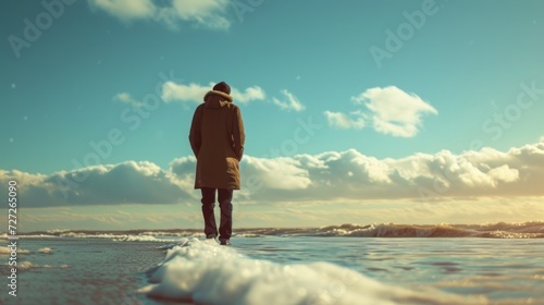 Conceptual image of a man strolling along the seashore, hands in pockets, with a calm and serene expression Generative AI