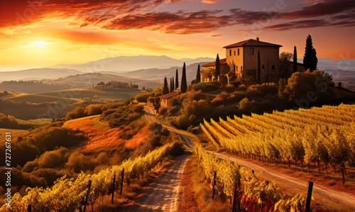 Breathtaking Sunset Over Lush Tuscan Vineyards with Rolling Hills, Historic Italian Architecture and Vibrant Autumn Foliage