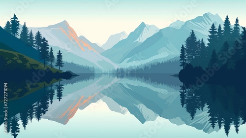 lake on a background of mountains flat style.