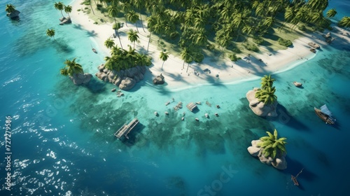 Overhead perspective showcasing a serene tropical island chain adorned with swaying palm trees, inviting hammocks, and azure waters teeming with marine biodiversity. 