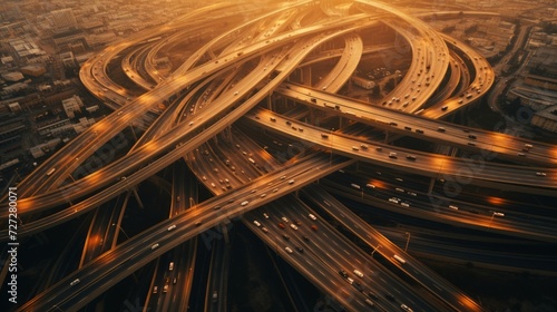 Overhead views of a bustling freeway interchange connecting major highways and roads, capturing traffic flow. 